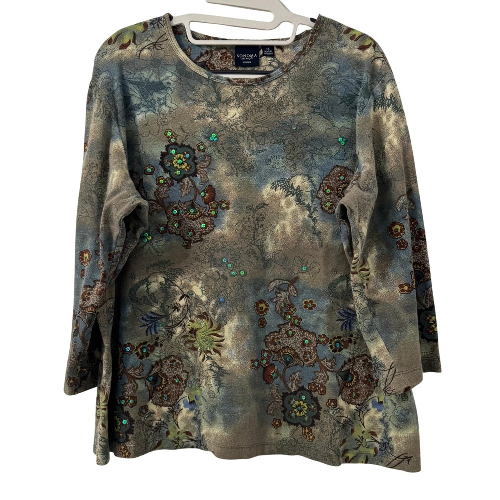 SONOMA Top Womens 1X Taupe Blue Floral Print 3/4 Sleeve Sequins Grunge y2k Fairy